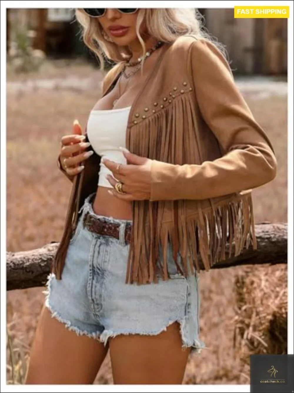 Faux Suede Fringe Trim Long Sleeve Open Front Cardigan Jacket Western Concert